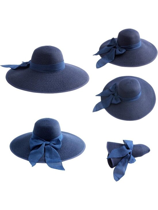 Women\'s Navy Blue 5.7 Inches Big Bowknot Straw Hat Large Floppy Foldable Cap main image 5